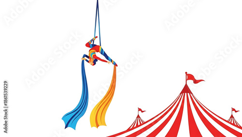 A colorful illustration of acrobats performing in a circus with a red and white striped tent