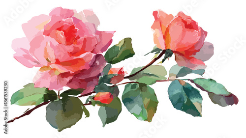 Pink Roses Watercolor Painting with Leaves, Floral Artwork for Design Projects