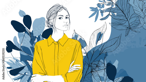 Confident Woman Standing in Front of Blue Wall with Yellow Shirt - Professional Business Image