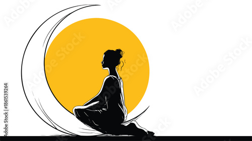 Mystical Woman Sitting in Front of Moon with Sun Behind Her