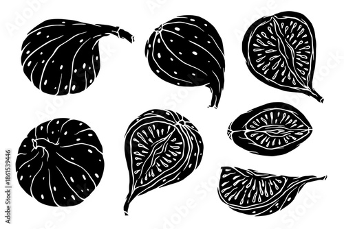Collection of fig fruit silhouettes and fruit slices. Vector graphics.