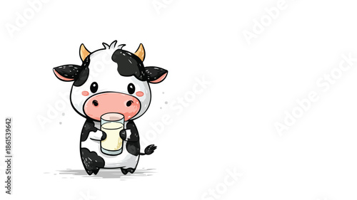 Adorable Cartoon Cow Holding Glass of Milk Vector Illustration with Outline