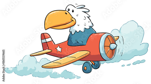 Cute Eagle Riding Plane Vector with Outline Isolate