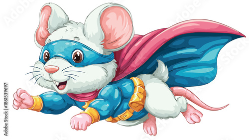Cute Mouse Superhero Cartoon Character with Outline Vector Illustration