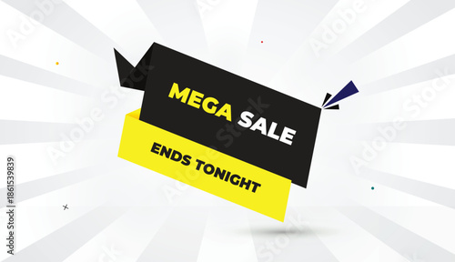 Mega Sale Ends Tonight Editable EPS Format Web Banner Vector Art Illustration Template Design Black Gray Yellow Shapes Bold Font White Gray Gradient Abstract Illustration Sunshine Business Background 