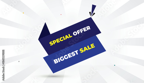special offer biggest sale editable eps format web banner vector art illustration template design blue deep light shapes yellow bold font white gray gradient abstract illustration sun shine business b