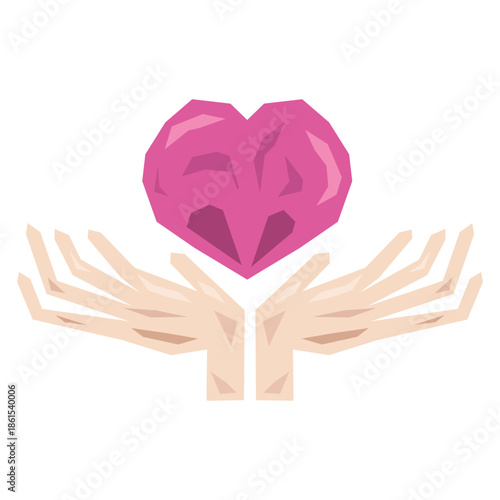 Faceted heart in stylized hands, geometric vector illustration of love and creativeness