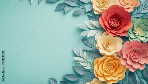 Colorful paper craft floral arrangement frames the upper right corner of a serene teal background