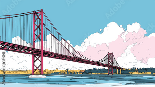 Colorful Cartoon Vector of Famous Ponte 25 de Abril Bridge in Isometric View