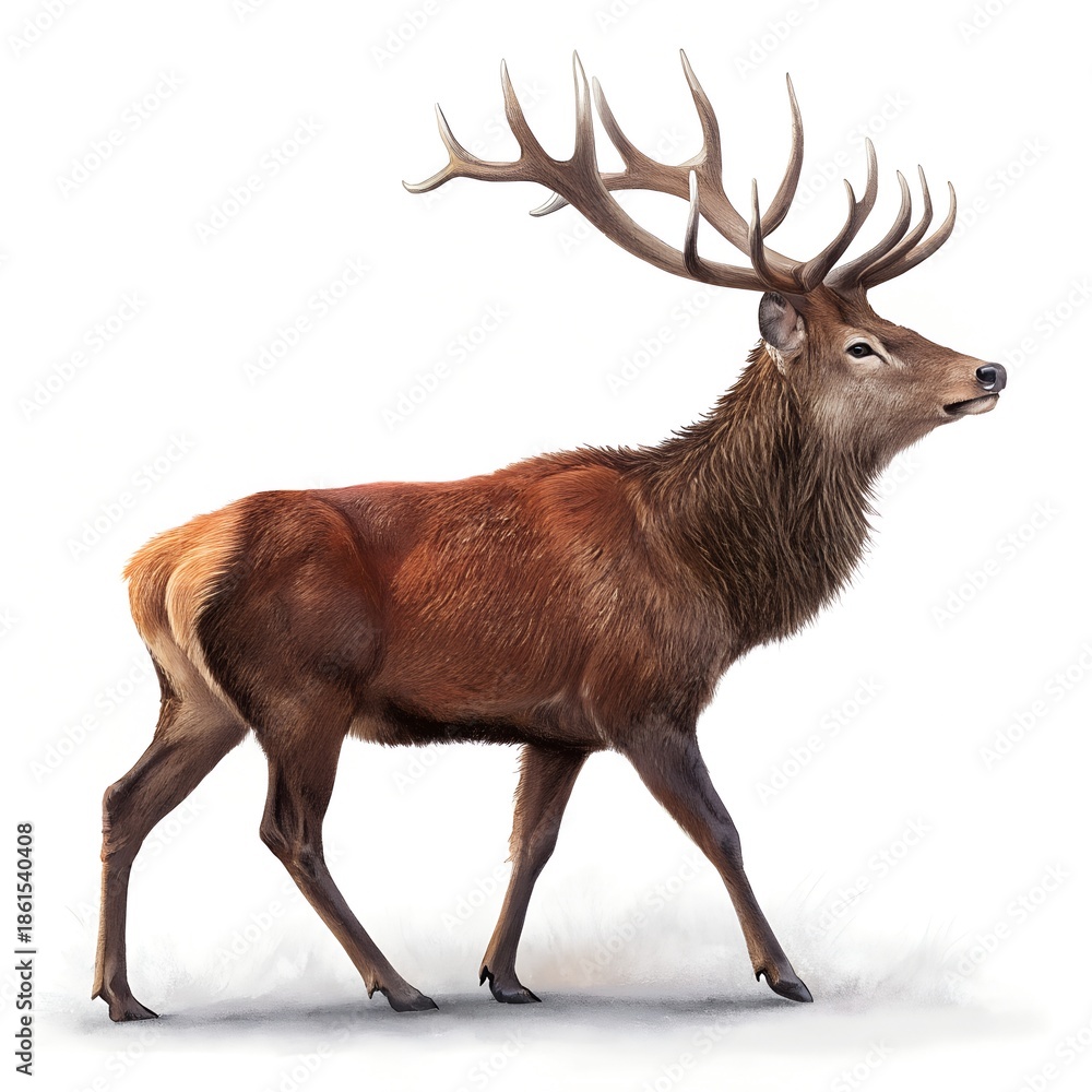 Obraz premium A majestic red deer stag with large antlers walks on a white background.