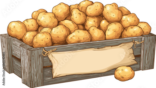 Vibrant Cartoon Style Banner Ad with Fresh Potatoes in Wooden Box