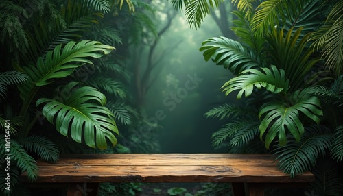 Empty wooden table with dense jungle leaves backdrop. Tropical foliage frames background with green vibrant plants, forest nature. This rustic natural setting suits product placement, outdoor themes.