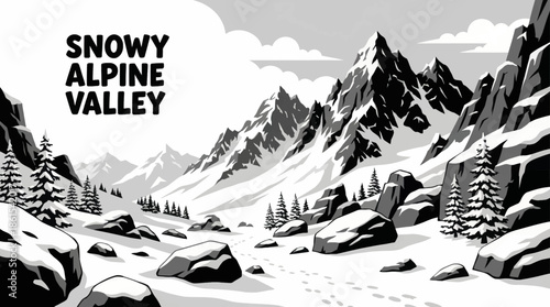 wide alpine valley covered in fresh snow reveals dramatic peaks and winter silence, offering a clean, high contrast landscape ideal for seasonal and luxury travel visuals