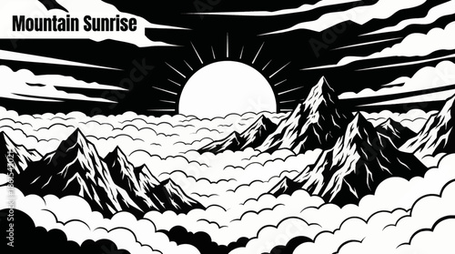 mountain sunrise rises above a sea of clouds, creating layered depth, warm light contrast, and an inspiring natural landscape favored for travel and nature focused visual content, black and white