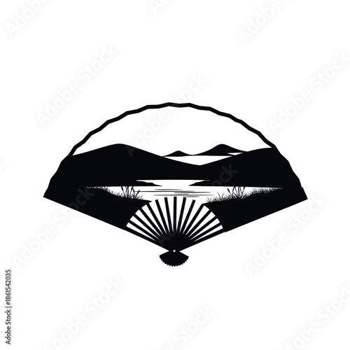 Serene mountain landscape silhouette with fan shaped design