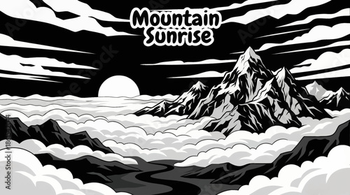 mountain sunrise rises above a sea of clouds, creating layered depth, warm light contrast, and an inspiring natural landscape favored for travel and nature focused visual content, black and white