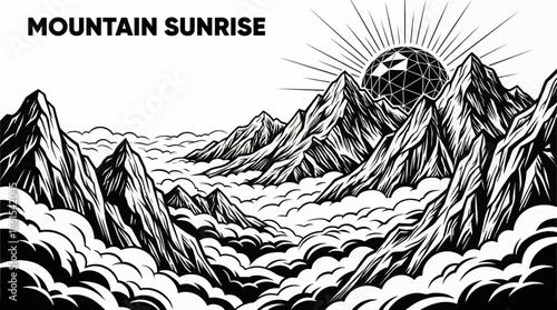 mountain sunrise rises above a sea of clouds, creating layered depth, warm light contrast, and an inspiring natural landscape favored for travel and nature focused visual content, black and white