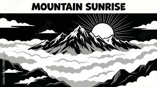 mountain sunrise rises above a sea of clouds, creating layered depth, warm light contrast, and an inspiring natural landscape favored for travel and nature focused visual content, black and white