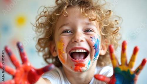 Wallpaper Mural Joyful child with colorful paint smudges on face and hands laughs excitedly. Curly hair kid expresses happiness, playing with vibrant art supplies indoors. Torontodigital.ca