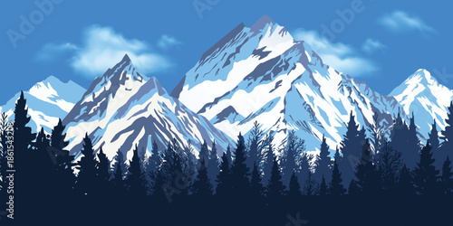 Snowy mountain landscape with high peaks under a clear blue sky, glaciers and clouds creating a cold panoramic view of the Himalayas