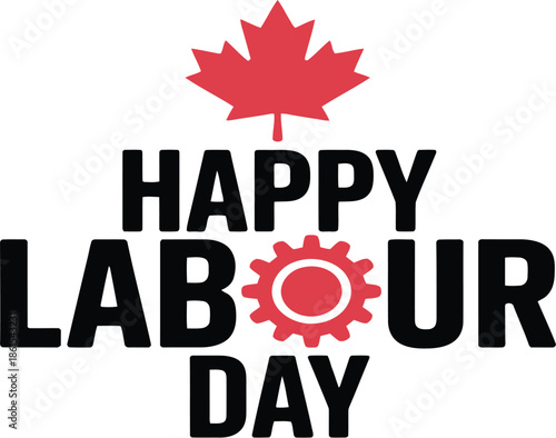 happy labour day canada greeting with maple leaf and gear icon
