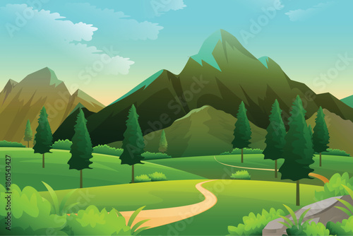 Green Valley at the Mountain Foot: Panoramic vista of rolling green hills, majestic mountain, lush vegetation, winding path invites one to explore. A harmonious symphony of nature's beauty unfolds.