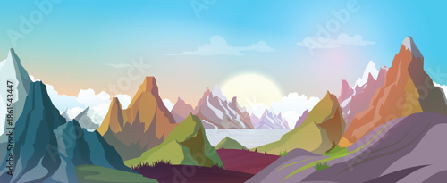 Celestial Panorama: A vibrant illustration showcases a stunning landscape of majestic mountains, painted with a vivid spectrum of colors, bathed in the gentle glow of the sun.