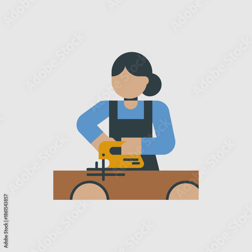 Woman carpenter using yellow jigsaw to cut wood, female worker in overalls performing woodworking task, flat vector illustration
