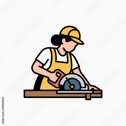 Female carpenter wearing a yellow apron uses a power circular saw to cut wood plank isolated on a white background.