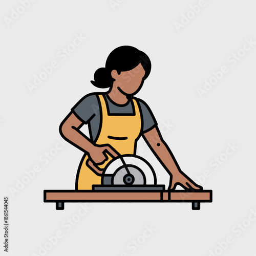 Woman carpenter using a circular saw to cut wood material isolated on a light background for design.