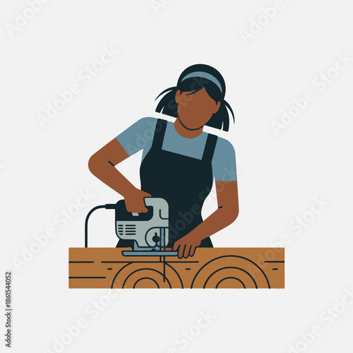 Woman using an electric jigsaw to cut a piece of wood with decorative patterns isolated on a white background.