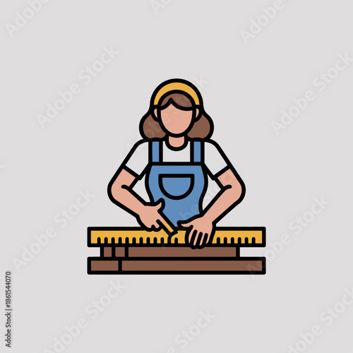 Woman carpenter measuring wood plank with a ruler isolated on a plain gray background for construction projects.