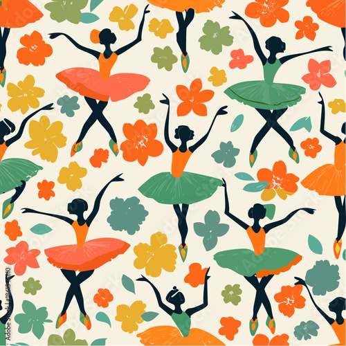 retro bold colors  dancing ballerinas in a seamless floral pattern from the 1960's 
