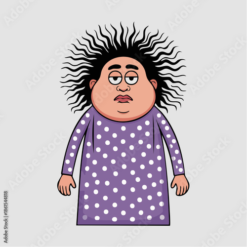 polka dot mood; spiky-haired figure stares with sleepy eyes and cartoon calm in purple and gray