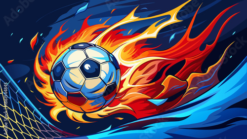 Very beautiful fiery soccer ball smashing into the goal, surrounded by red and blue flames and smoky light, capturing intense energy, power, passion, and dramatic motion in modern sports art.