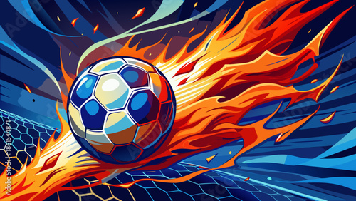 Very beautiful fiery soccer ball smashing into the goal, surrounded by red and blue flames and smoky light, capturing intense energy, power, passion, and dramatic motion in modern sports art.