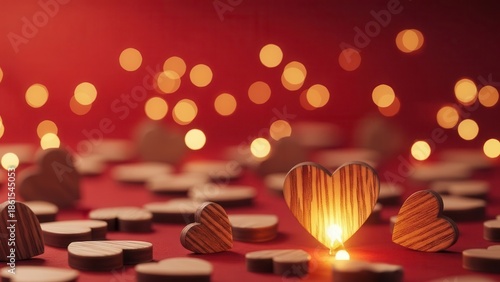 Wooden hearts on red background with warm bokeh lights for valentines day celebration