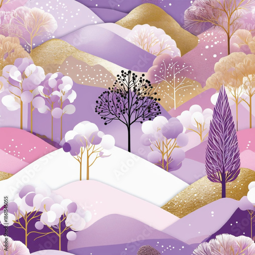 Dreamy Pastel Landscape Illustration with Stylized Trees and Soft Hills