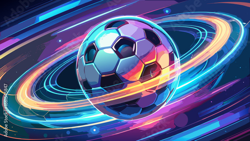 Very beautiful dynamic glowing soccer ball encircled by neon light rings, floating against a smooth artistic background, symbolizing speed, modern technology, and futuristic sports energy.