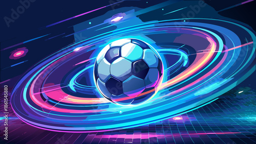 Very beautiful dynamic glowing soccer ball encircled by neon light rings, floating against a smooth artistic background, symbolizing speed, modern technology, and futuristic sports energy.