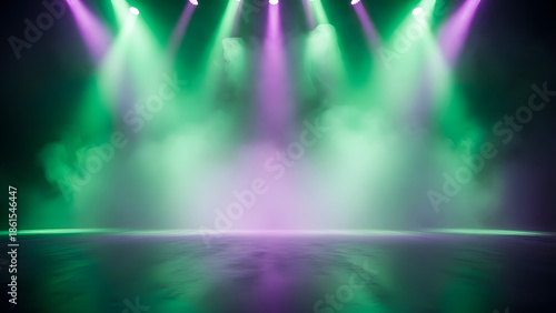 Dramatic Stage Lighting: An atmospheric image of a stage bathed in vibrant green and purple light beams, creating an intense spectacle within an ethereal mist.