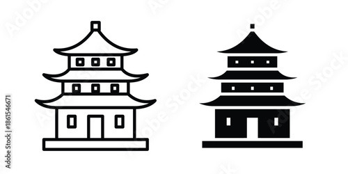 Buddhist temple icons in different styles. Simple icon design