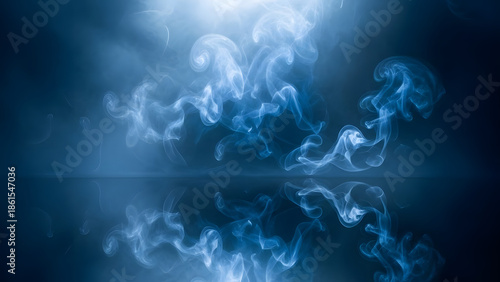 Abstract Vapor Trails: Ethereal plumes of swirling vapor, illuminated by an unseen light source, dance across a mysterious reflective surface, inviting the viewer into a realm of pure imagination.