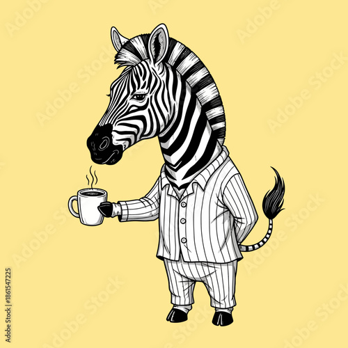 Zebra in Pajamas Drinking Coffee or Tea.