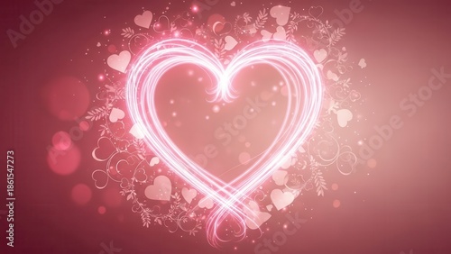 Glowing neon heart shape formed from light trails with floral elements