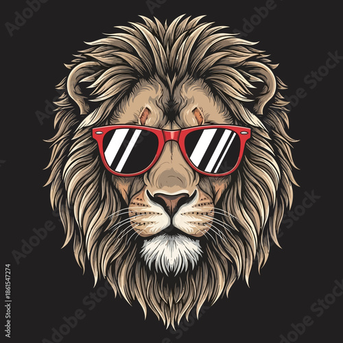 Lion Wearing Red Sunglasses Illustration.