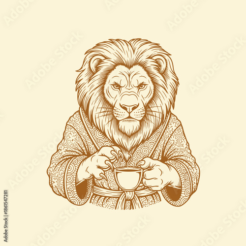 Lion Wearing Sweater Holding Tea Cup.