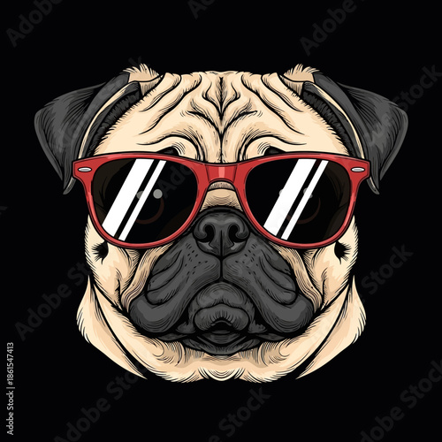 Pug Dog Face Wearing Sunglasses Illustration.