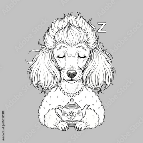 Poodle Dog Illustration with Teapot and Pearl Necklace.