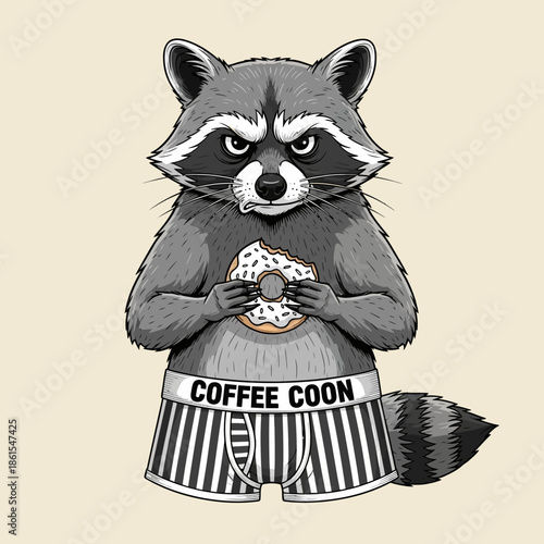 Raccoon Eating Donut in Striped Boxers.
